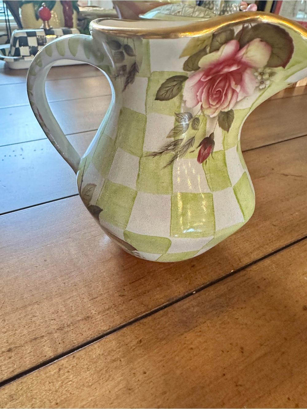 Mackenzie Childs Sweet Pea honeymoon green Ceramic Pitcher 5” retired Excellent